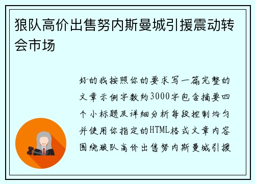狼队高价出售努内斯曼城引援震动转会市场