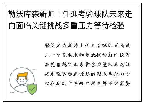 勒沃库森新帅上任迎考验球队未来走向面临关键挑战多重压力等待检验